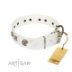 "Galaxy Hunter" FDT Artisan White Leather Dog Collar with Engraved Brooches and Stars