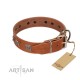 "Antique Figures" FDT Artisan Tan Leather Dog Collar with Silver-like Engraved Plates