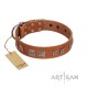 "Antique Figures" FDT Artisan Tan Leather Dog Collar with Silver-like Engraved Plates