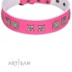 "Pink Wink" Handcrafted FDT Artisan Pink Leather Dog Collar with Plates and Stars