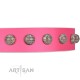 "Romantic Spirit" Handcrafted FDT Artisan Pink Leather Dog Collar with Studs