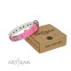 "Pinky Fantasy" Pink FDT Artisan Leather Dog Collar with Chrome-plated Stars and Large Plates