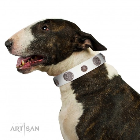 "Divine Nature" FDT Artisan White Leather Dog Collar with Chrome Plated Brooches