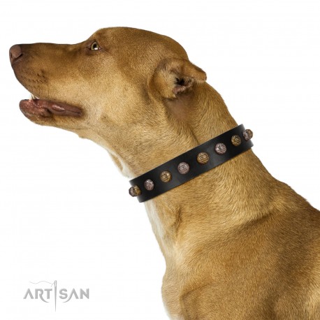 "Inky Prettification" FDT Artisan Black Leather Dog Collar with One Row of Studs