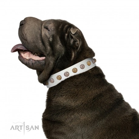 "Into the White" Designer Handmade FDT Artisan White Leather Dog Collar