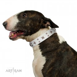 "Starry Heaven" Designer Handcrafted FDT Artisan White Leather Dog Collar with Stars and Studs