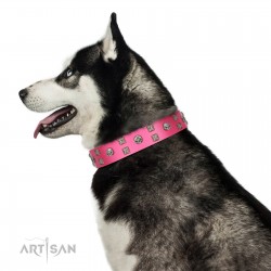 "Crystal Skull" Premium Quality FDT Artisan Pink Designer Dog Collar with Skulls and Studs