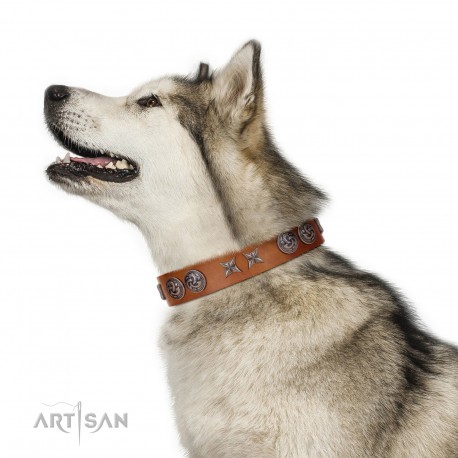 "Brave Spirit" Handmade FDT Artisan Designer Tan Leather Dog Collar with Shields