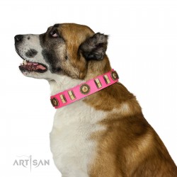 "La Femme" FDT Artisan Pink Leather Dog Collar with Ornate Brooches and Small Plates
