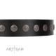 "Silent Star" Handmade FDT Artisan Designer Black Leather Dog Collar with Engraved Plates