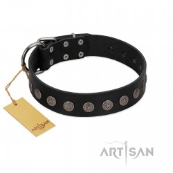 "Silent Star" Handmade FDT Artisan Designer Black Leather Dog Collar with Engraved Plates