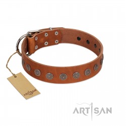 "Lucky Star" Handmade FDT Artisan Designer Tan Leather Dog Collar with Round Plates