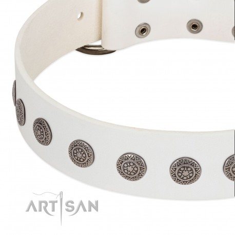 "Aztec Idol" FDT Artisan White Leather Dog Collar with Ancient Brooches