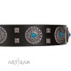 "Boundless Blue" FDT Artisan Black Leather Dog Collar with Chrome Plated Brooches an