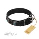 "Boundless Blue" FDT Artisan Black Leather Dog Collar with Chrome Plated Brooches an