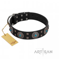 "Boundless Blue" FDT Artisan Black Leather Dog Collar with Chrome Plated Brooches and Square Studs