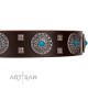"Hypnotic Stones" FDT Artisan Brown Leather Dog Collar with Chrome Plated Brooches and Square Studs