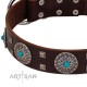"Hypnotic Stones" FDT Artisan Brown Leather Dog Collar with Chrome Plated Brooches and Square Studs