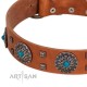 "Blue Sands" FDT Artisan Tan Leather Dog Collar with Silver-like Studs and Round Conchos with Stones