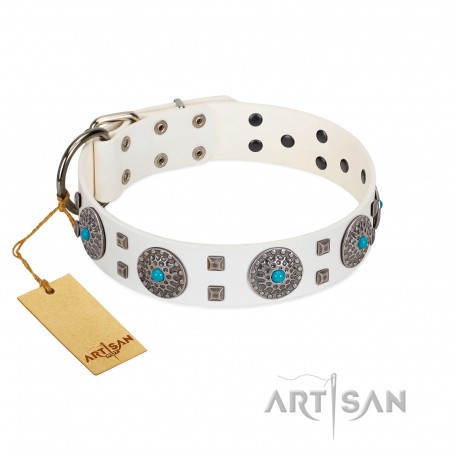 "Blue Sapphire" Designer FDT Artisan White Leather Dog Collar with Round Plates and Square Studs