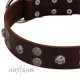 "Skull Valley" Handcrafted FDT Artisan Brown Leather Dog Collar with Skulls