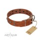 "Road Rider" FDT Artisan Tan Leather Dog Collar with Old Silver-like Skulls and Medallions