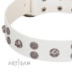 "Edgy Look" FDT Artisan White Leather Dog Collar with Silver-like Skulls