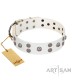 "Edgy Look" FDT Artisan White Leather Dog Collar with Silver-like Skulls