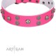 "Spiffy Style" Handcrafted FDT Artisan Pink Leather Dog Collar with Skulls