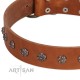 "Daintiness" Designer Handmade FDT Artisan Tan Leather Dog Collar with Silver-Like Adornments