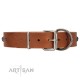 "Daintiness" Designer Handmade FDT Artisan Tan Leather Dog Collar with Silver-Like Adornments