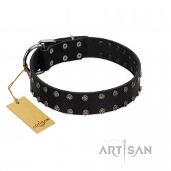 "Dark Night" Handmade FDT Artisan Black Leather Dog Collar with Silver-Like Studs