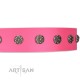 "Pink Blooming" FDT Artisan Pink Leather Dog Collar with Silver-Like Flowers