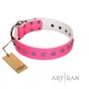 "Pink Blooming" FDT Artisan Pink Leather Dog Collar with Silver-Like Flowers