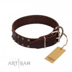 "Star Party" Handmade FDT Artisan Brown Leather Dog Collar with Silver-Like Studs