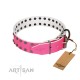 "Pink Fashion" Designer FDT Artisan Pink Leather Dog Collar with Silver-Like Studs
