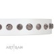 "Solar Energy" FDT Artisan White Leather Dog Collar with Silver-like Studs and Medallions