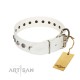 "Solar Energy" FDT Artisan White Leather Dog Collar with Silver-like Studs and Medallions