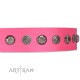 "Summer Mood" Handmade FDT Artisan Pink Leather Dog Collar for Everyday Walks