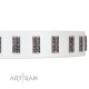 "Heaven's Gates" Handmade FDT Artisan White Leather Dog Collar with Silver-Like Engraved Plates