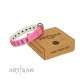 "Pink Necklace" Handmade FDT Artisan Pink Leather Dog Collar with Silver-Like Decorations