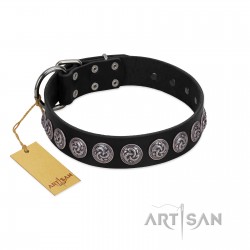 "Black Raven" Handmade FDT Artisan Black Leather Dog Collar with Silver-Like Adornments