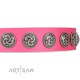"Pink Garden" Designer FDT Artisan Pink Leather Dog Collar for Stylish Look