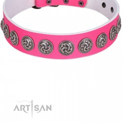 "Pink Garden" Designer FDT Artisan Pink Leather Dog Collar for Stylish Look