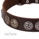 "Treasure Hunter" FDT Artisan Brown Leather Dog Collar with Old-Bronze-like and Silvery Medallions