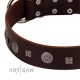 "Pure Sensation" Exclusive FDT Artisan Brown Leather Dog Collar with Fancy Brooches and Studs