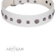 "Drops on Snow" Handmade FDT Artisan White Leather Dog Collar Adorned with Silver-Like Studs