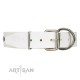 "Drops on Snow" Handmade FDT Artisan White Leather Dog Collar Adorned with Silver-Like Studs