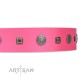 "Lady in Pink" Handmade FDT Artisan Pink Leather Dog Collar with Silver-Like Studs