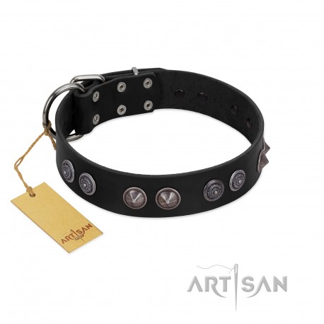 "Silver Medallions" Mod FDT Artisan Black Leather Dog Collar with Round Plates